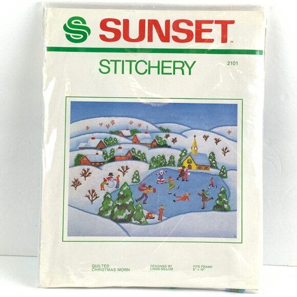Sunset Stitchery Embroidery Kit 2101 Quilted Christmas Morn Snow Skaters Trees - Picture 1 of 5